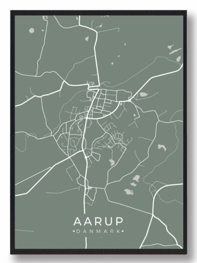 Aarup byplakat i stilrent design. Denne Aarup byplakat er med grøn baggrund og viser Aarup fra sin smukkeste side