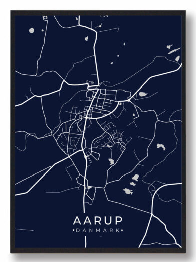 Aarup byplakat i stilrent design. Denne Aarup byplakat er med mørkeblå baggrund og viser Aarup fra sin smukkeste side