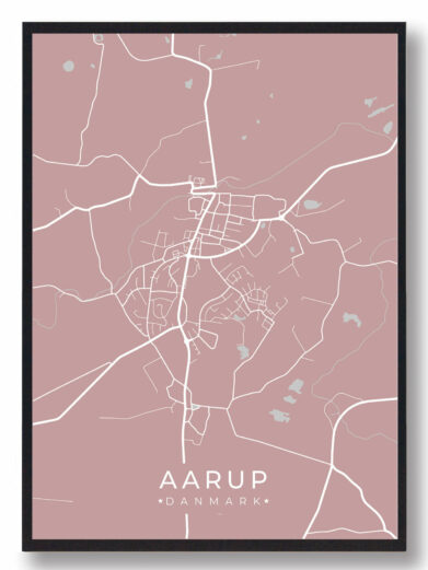 Aarup byplakat i stilrent design. Denne Aarup byplakat er med rosa baggrund og viser Aarup fra sin smukkeste side