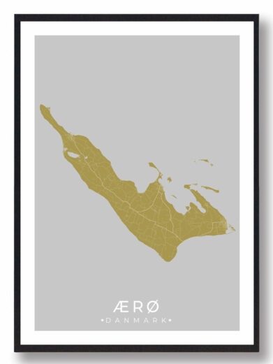 Ærø plakat i karrygul. Minimalistisk design af den danske ø Fyn. Perfekt til væggen. Se kort over Ærø!