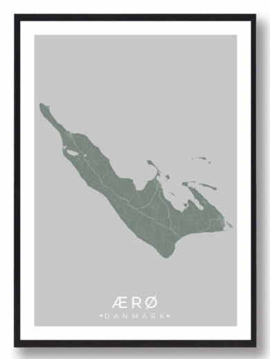 Ærø plakat i mintgrøn. Minimalistisk design af økort med sort ramme. Perfekt til vægdekoration.