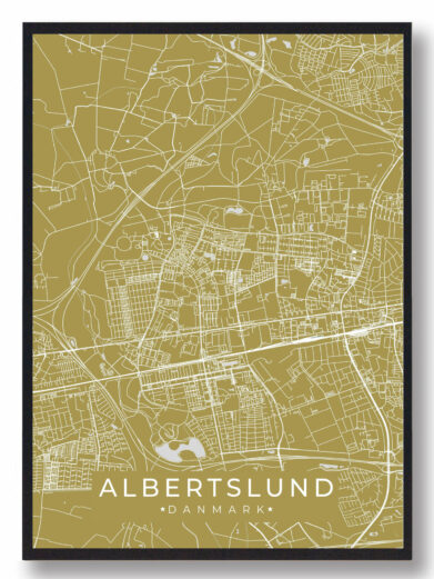 Albertslund byplakat i stilrent design. Denne Albertslund byplakat er med gul baggrund og viser Albertslund fra sin smukkeste side