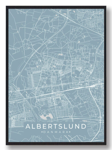 Albertslund byplakat i stilrent design. Denne Albertslund byplakat er med lyseblå baggrund og viser Albertslund fra sin smukkeste side