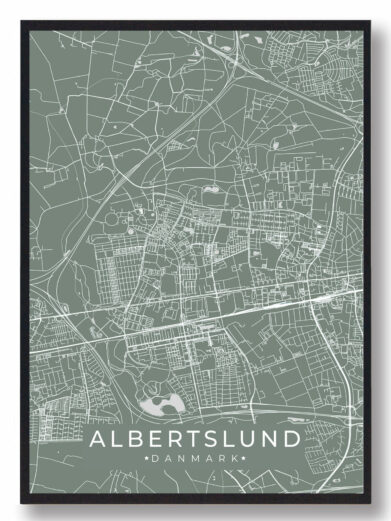 Albertslund byplakat i stilrent design. Denne Albertslund byplakat er med grøn baggrund og viser Albertslund fra sin smukkeste side