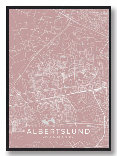 Albertslund byplakat i stilrent design. Denne Albertslund byplakat er med rosa baggrund og viser Albertslund fra sin smukkeste side