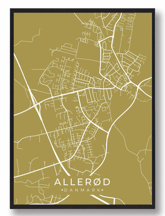 Allerød byplakat i stilrent design. Denne Allerød byplakat er med gul baggrund og viser Allerød fra sin smukkeste side