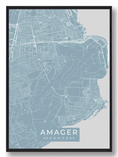 Amager byplakat i lyseblå. Minimalistisk stil, viser Amagers gader og veje. Perfekt grøn by kunst til hjemmet.