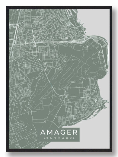 Grøn Amager byplakat. Detaljeret kort over Amager i mintgrøn med hvide linjer og sort ramme. Moderne design til dit hjem.