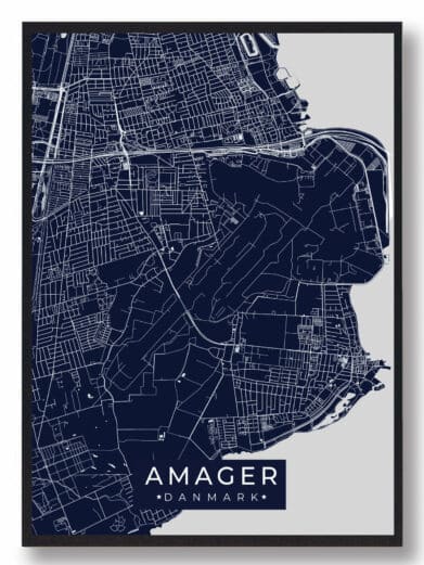 Amager byplakat i mørkeblå. Minimalistisk design med kort over Amager, Danmark. Perfekt som vægkunst.