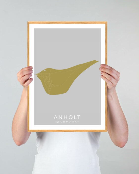 Anholt plakat med gul baggrund. Denne Anholt plakat med øen som motiv viser Anholt fra sin smukkeste side