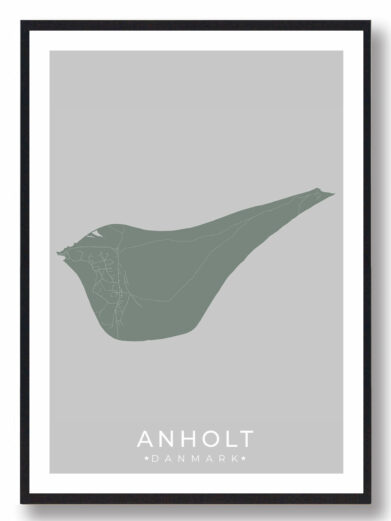 Anholt plakat i mintgrøn. Viser øens kort med fine linjer i en sort ramme. Moderne design, perfekt til stuen eller kontoret.