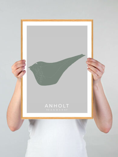 Anholt plakat i grøn nuance. Viser et kort over Anholt, indrammet i træ. Minimalistisk og stilfuld vægkunst.