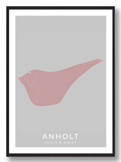 Anholt plakat i grøn: Minimalistisk bykort i rosa på grå baggrund, indrammet i sort. Perfekt til vægdekoration. Dansk design.