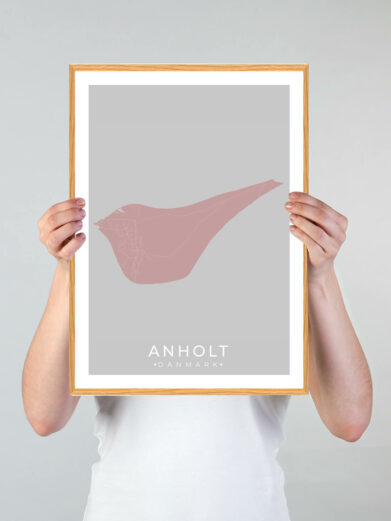 Anholt plakat - grøn by. Rosa Anholt kort i træramme. Minimalistisk design, ideel til vægdekoration. Køb Anholt plakater online!