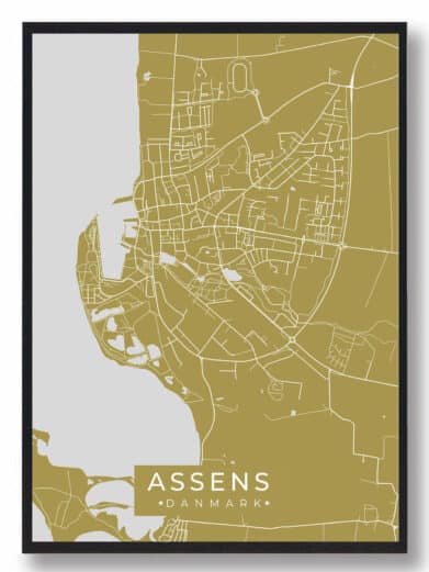 Assens plakat i karrygul. Detaljeret bykort over Assens, Fyn, med hvide linjer og en stilfuld, moderne ramme. Perfekt til vægdekoration.