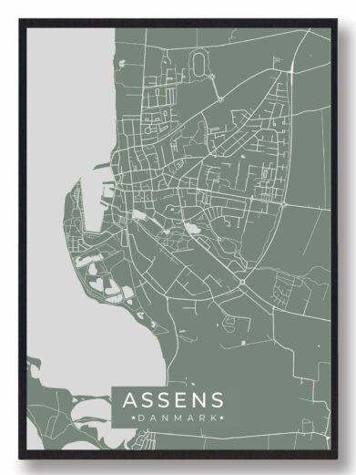 Mintgrøn Assens plakat med bykort. Stilfuldt design med hvide linjer. Perfekt til stuen. Nu på tilbud!