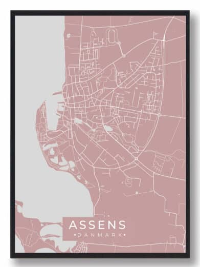 Assens plakat i rosa. Bykort med hvide linjer på rosa baggrund, indrammet i sort. Detaljeret kort over Assens, Fyn.