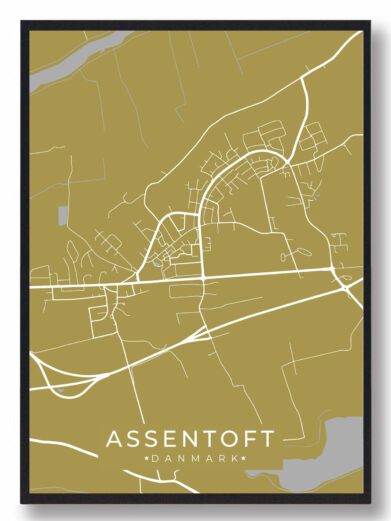 Assentoft byplakat i stilrent design. Denne Assentoft byplakat er med gul baggrund og viser Assentoft fra sin smukkeste side