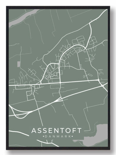 Assentoft byplakat i stilrent design. Denne Assentoft byplakat er med grøn baggrund og viser Assentoft fra sin smukkeste side