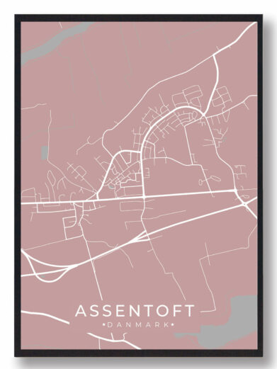 Assentoft byplakat i stilrent design. Denne Assentoft byplakat er med rosa baggrund og viser Assentoft fra sin smukkeste side