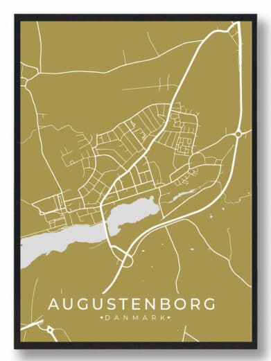 Augustenborg byplakat i karrygul. Minimalistisk design med hvide linjer, der viser gader og vandløb i Augustenborg, Danmark. Stilfuld vægkunst.