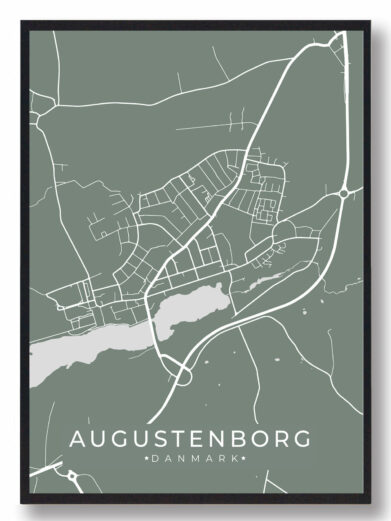 Mintgrøn Augustenborg byplakat. Detaljeret kort over Augustenborg, Danmark, med hvide gader og vandløb på en grøn baggrund.