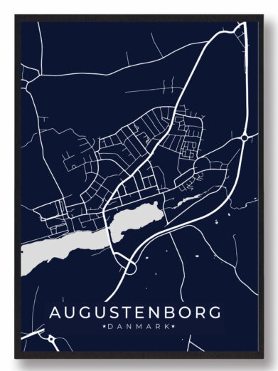 Mørkeblå Augustenborg byplakat med hvide vejlinjer. Minimalistisk design, perfekt til stuen. Find din grønne by her!