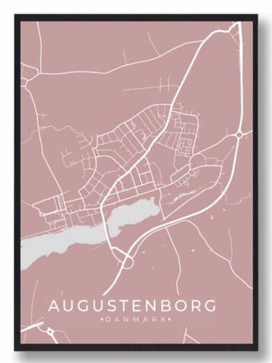 Augustenborg byplakat i rosa. Minimalistisk design med hvide vejlinjer. Perfekt vægkunst fra Syddanmark. Detaljeret bykort.