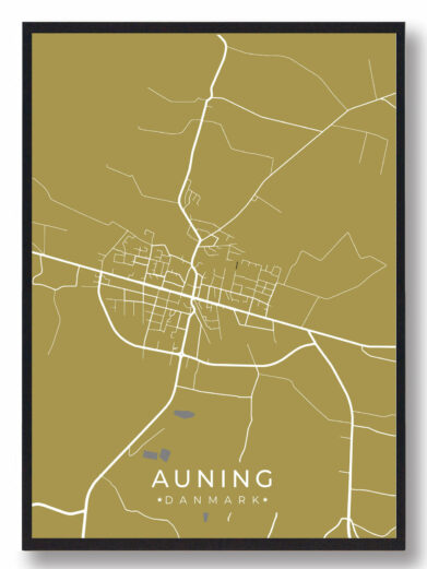 Auning byplakat i stilrent design. Denne Auning byplakat er med gul baggrund og viser Auning fra sin smukkeste side