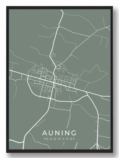 Auning byplakat i stilrent design. Denne Auning byplakat er med grøn baggrund og viser Auning fra sin smukkeste side