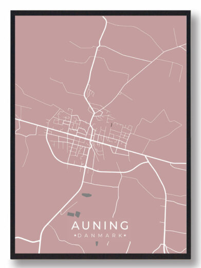 Auning byplakat i stilrent design. Denne Auning byplakat er med rosa baggrund og viser Auning fra sin smukkeste side