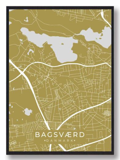 Bagsværd byplakat i stilrent design. Denne Bagsværd byplakat er med gul baggrund og viser Bagsværd fra sin smukkeste side
