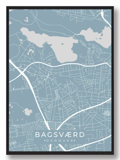 Bagsværd byplakat i stilrent design. Denne Bagsværd byplakat er med lyseblå baggrund og viser Bagsværd fra sin smukkeste side