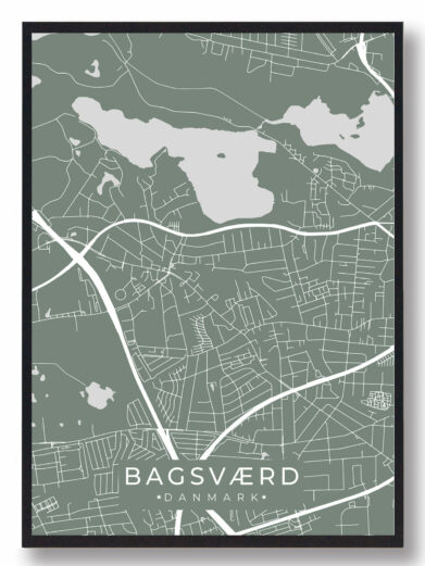 Bagsværd byplakat i stilrent design. Denne Bagsværd byplakat er med grøn baggrund og viser Bagsværd fra sin smukkeste side