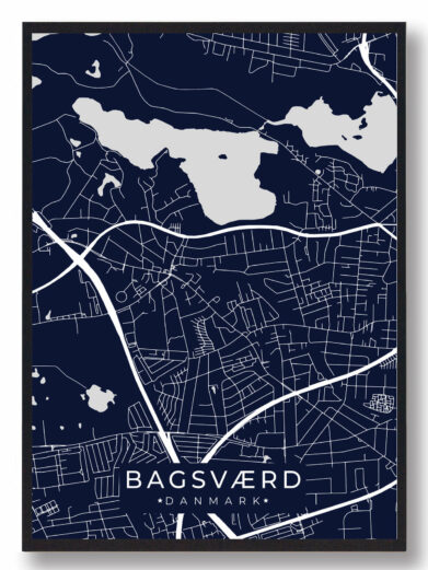 Bagsværd byplakat i stilrent design. Denne Bagsværd byplakat er med mørkeblå baggrund og viser Bagsværd fra sin smukkeste side