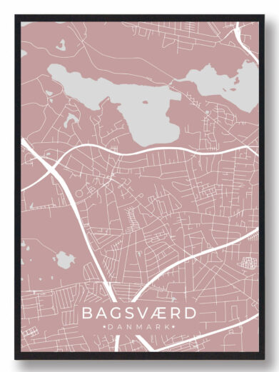 Bagsværd byplakat i stilrent design. Denne Bagsværd byplakat er med rosa baggrund og viser Bagsværd fra sin smukkeste side