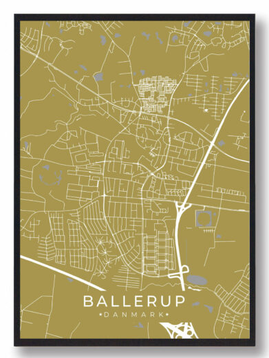 Ballerup byplakat i stilrent design. Denne Ballerup byplakat er med gul baggrund og viser Ballerup fra sin smukkeste side