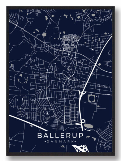 Ballerup byplakat i stilrent design. Denne Ballerup byplakat er med mørkeblå baggrund og viser Ballerup fra sin smukkeste side