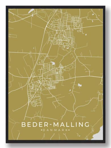 Beder-Malling grøn byplakat. Minimalistisk design i karrygul med hvide linjer. Detaljeret kort over Beder, Midtjylland. Stilfuld vægkunst.
