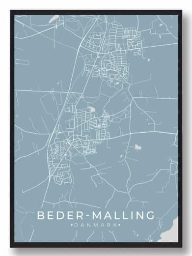 Beder plakat - grøn by. Lyseblåt bykort af Beder-Malling med hvide gader og veje. Moderne design, perfekt til dit hjem.