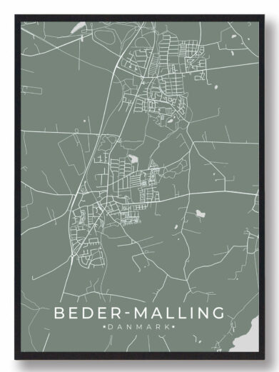 Beder grøn byplakat. Minimalistisk kort over Beder-Malling i mintgrøn med hvide linjer. Moderne design til dit hjem. Til salg!