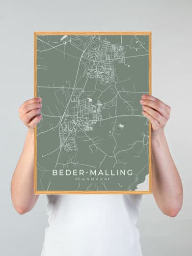 Grøn Beder-Malling plakat. Mintgrøn bykort med veje og gader. Moderne design, perfekt til stuen. Køb din Beder plakat nu!