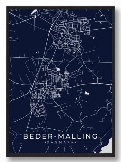 Beder grøn byplakat. Minimalistisk kort over Beder-Malling, Danmark, med hvide linjer på mørkeblå baggrund. Stilfuld vægkunst.