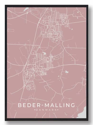 Beder plakat i rosa. Detaljeret bykort med hvide veje på rosa baggrund. Minimalistisk design, perfekt til Beder-Malling elskere.