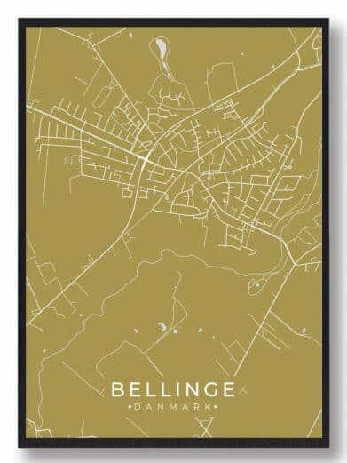 Bellinge plakat i karrygul. Stilren byplakat af Bellinge, Fyn med hvide linjer. Et moderne og minimalistisk design.