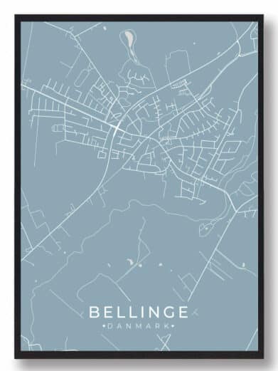 Bellinge plakat i lyseblå. En stilren, moderne byplakat af Bellinge, Fyn, med hvide linjer på en blå baggrund. Perfekt til boligindretning.