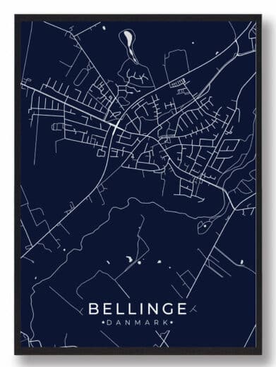 Bellinge plakat, grøn by. Mørkeblå baggrund med hvide kortdetaljer. Moderne bykortstil, ideel til stuen. Fås på tilbud!