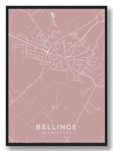 Bellinge plakat i rosa. Bykort med hvide linjer, der viser gader og veje. En stilfuld og moderne dekoration til dit hjem.
