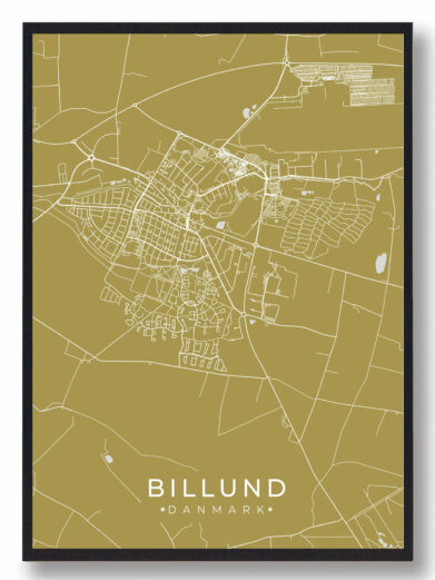 Billund byplakat i stilrent design. Denne Billund byplakat er med gul baggrund og viser Billund fra sin smukkeste side