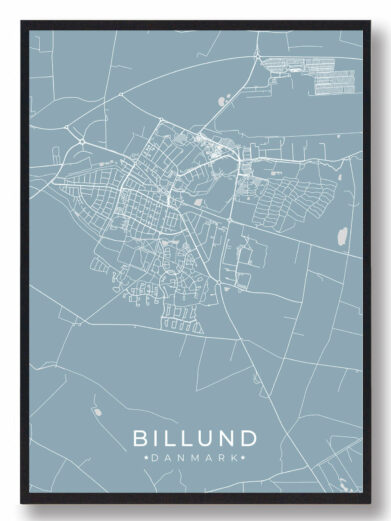 Billund byplakat i stilrent design. Denne Billund byplakat er med lyseblå baggrund og viser Billund fra sin smukkeste side